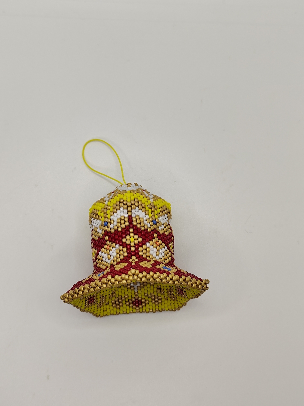 Handmade Beaded Bell Ornament - Yellow & Red